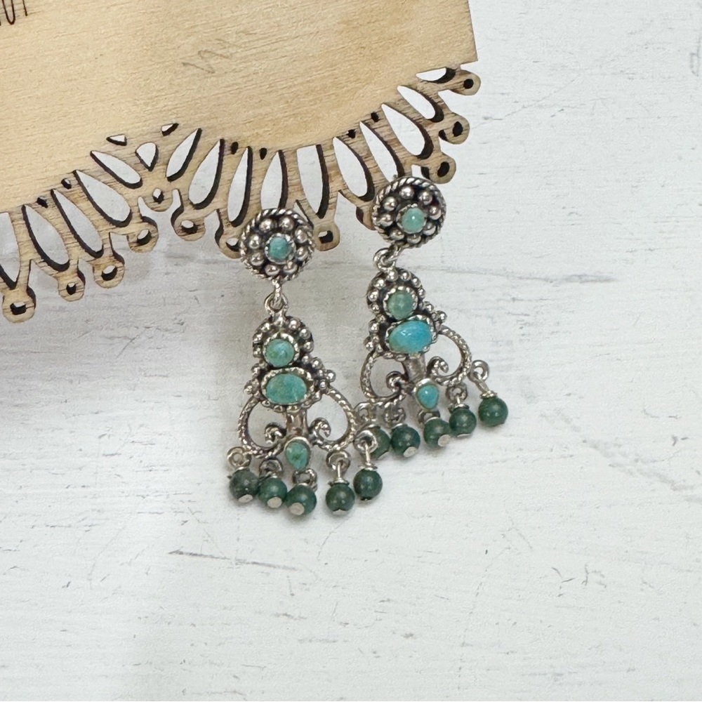 Vintage Elegant Sterling Silver and Turquoise Pirced Dangle Earrings - Picture 2 of 8